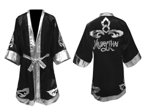 Custom Muay Thai Robe / Fight Robe : Black-Silver