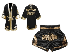 Kanong Thai Boxing Fight Robe + Muay Thai Shorts : Set-144-Black-Gold
