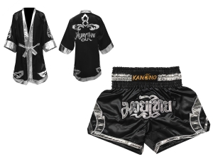 Kanong Thai Boxing Fight Robe + Muay Thai Shorts : Set-144-Black-Silver