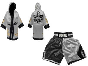 Custom Boxing Robe + Boxing Shorts : KNCUSET-105-Black-Silver