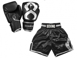 Kanong Boxing Gloves and Boxing Shorts Value Set : KNCUSET-201-Black-Silver