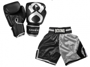 Kanong Boxing Gloves and Boxing Shorts Value Set : KNCUSET-202-Black-Silver