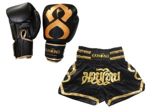 Kanong Muay Thai Boxing Gloves and Thai Shorts Value Set : Set-121-Thaikick-Black