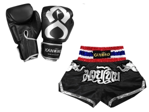 Kanong Muay Thai Boxing Gloves and Thai Shorts Value Set : Set-125-Gloves-Thaikick-Black