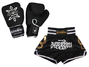 Kanong Muay Thai Boxing Gloves and Thai Shorts Value Set : Set-143-Gloves-Black