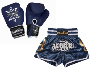 Kanong Muay Thai Boxing Gloves and Thai Shorts Value Set : Set-143-Gloves-Navy
