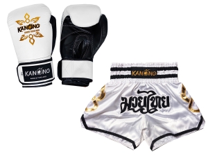 Kanong Muay Thai Boxing Gloves and Thai Shorts Value Set : Set-143-Gloves-White