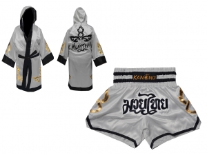 Kanong Thai Boxing Fight Robe + Muay Thai Shorts : Set-143-Silver