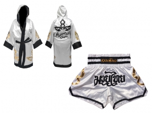 Kanong Thai Boxing Fight Robe + Muay Thai Shorts : Set-143-White