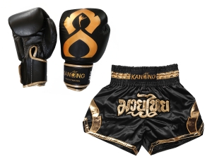Kanong Muay Thai Boxing Gloves and Thai Shorts Value Set : Set-144-Gloves-Black-Gold