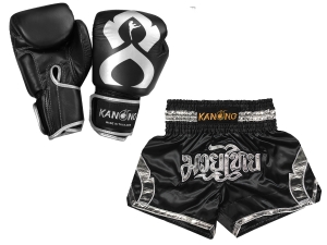 Kanong Muay Thai Boxing Gloves and Thai Shorts Value Set : Set-144-Gloves-Black-Silver