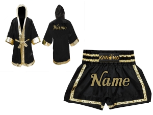 Kanong Thai Boxing Fight Robe + Muay Thai Shorts : Set 140-Black-Gold