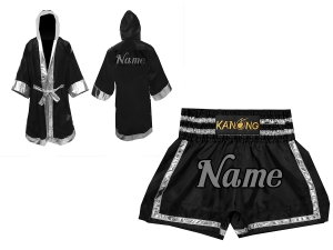 Kanong Thai Boxing Fight Robe + Muay Thai Shorts : Set 140-Black-Silver