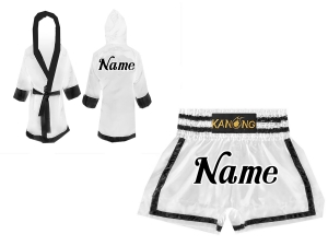 Kanong Thai Boxing Fight Robe + Muay Thai Shorts : Set 140-White-Black