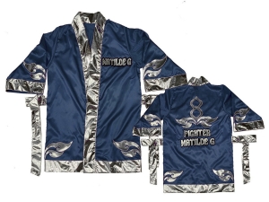 Custom Muay Thai Robe / Fight Robe : Navy-Silver