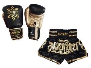 Kanong Muay Thai Boxing Gloves and Thai Shorts Value Set : Set-121-Black
