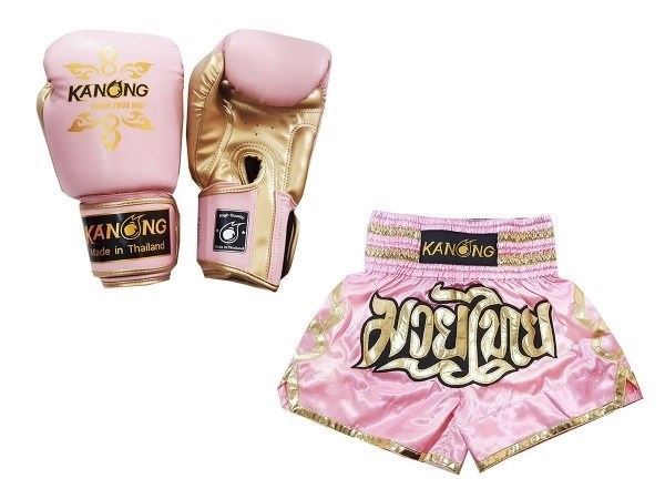 Kanong Muay Thai Boxing Gloves and Thai Shorts Value Set : Set-121-Pink