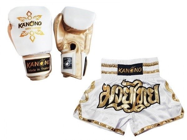 Kanong Muay Thai Boxing Gloves and Thai Shorts Value Set : Set-121-White