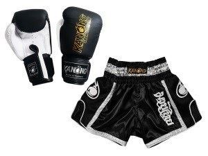 Kanong Muay Thai Boxing Gloves and Thai Shorts Value Set : Set-208-Black