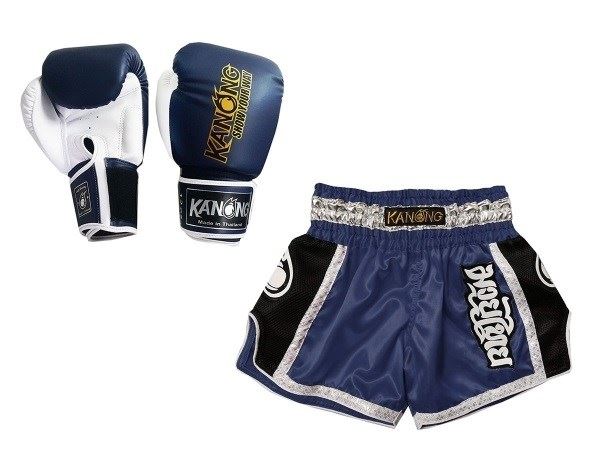 Kanong Muay Thai Boxing Gloves and Thai Shorts Value Set : Set-208-Navy