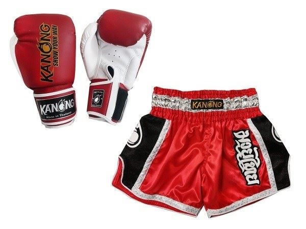 Kanong Muay Thai Boxing Gloves and Thai Shorts Value Set : Set-208-Red
