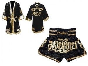 Kanong Custom Thai Boxing Fight Robe + Muay Thai Shorts : Set 121 Black