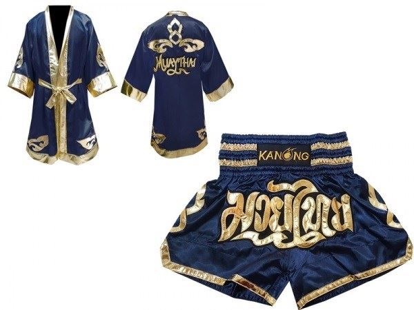 Kanong Thai Boxing Fight Robe + Muay Thai Shorts : Set 121 Navy