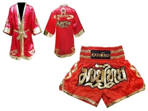 Kanong Thai Boxing Fight Robe + Muay Thai Shorts : Set 121 Red