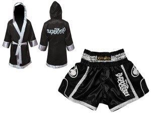 Kanong Thai Boxing Fight Robe + Muay Thai Shorts : Set 208 Black
