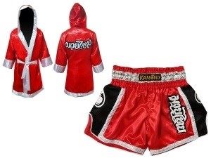 Kanong Thai Boxing Fight Robe + Muay Thai Shorts : Set 208 Red