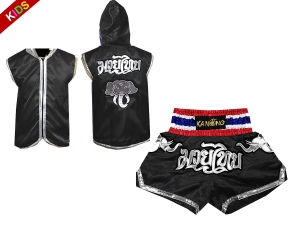 Kanong Thai Boxing Hoodies + Muay Thai Shorts for Children : Set 125 Black
