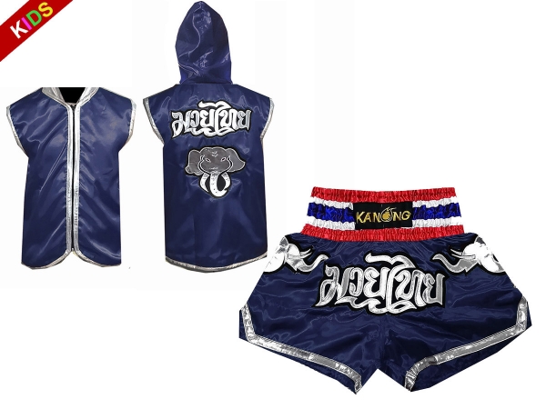 Kanong Thai Boxing Hoodies + Muay Thai Shorts for Children : Set 125 Navy