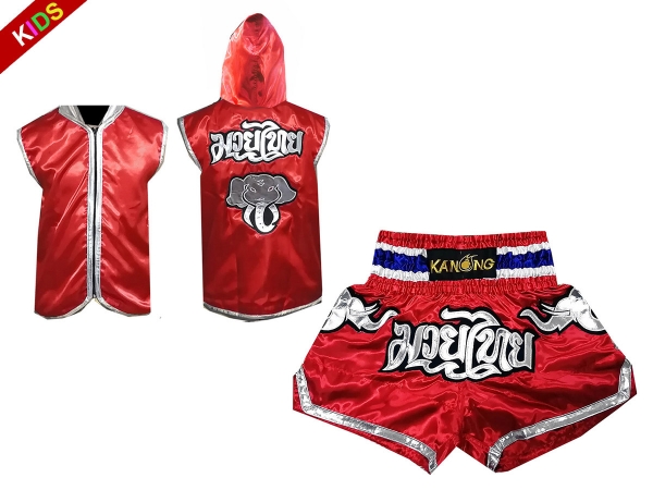 Kanong Thai Boxing Hoodies + Muay Thai Shorts for Children : Set 125 Red