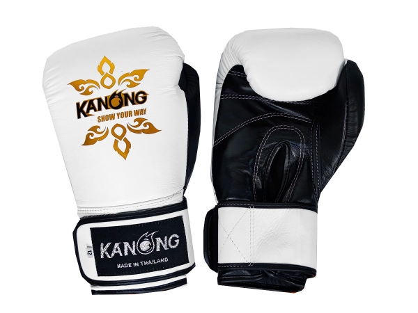 Kanong Real Leather Thai Boxing Gloves : White/Black
