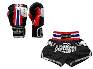 Kanong Muay Thai Boxing Gloves and Thai Shorts Value Set : Set-125-Black