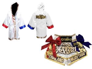 Kanong Thai Boxing Fight Robe + Muay Thai Shorts : Set 128 White