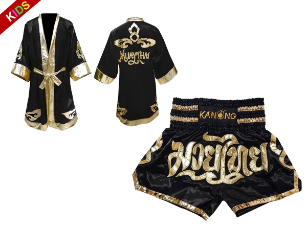 Kanong Thai Boxing Fight Robe + Muay Thai Shorts for Children : Set 121 Black