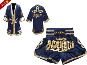 Kanong Thai Boxing Fight Robe + Muay Thai Shorts for Children : Set 121 Navy