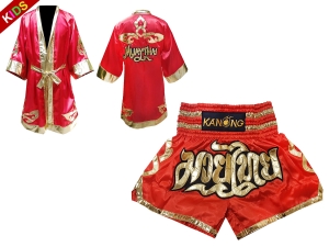 Kanong Thai Boxing Fight Robe + Muay Thai Shorts for Children : Set 121 Red
